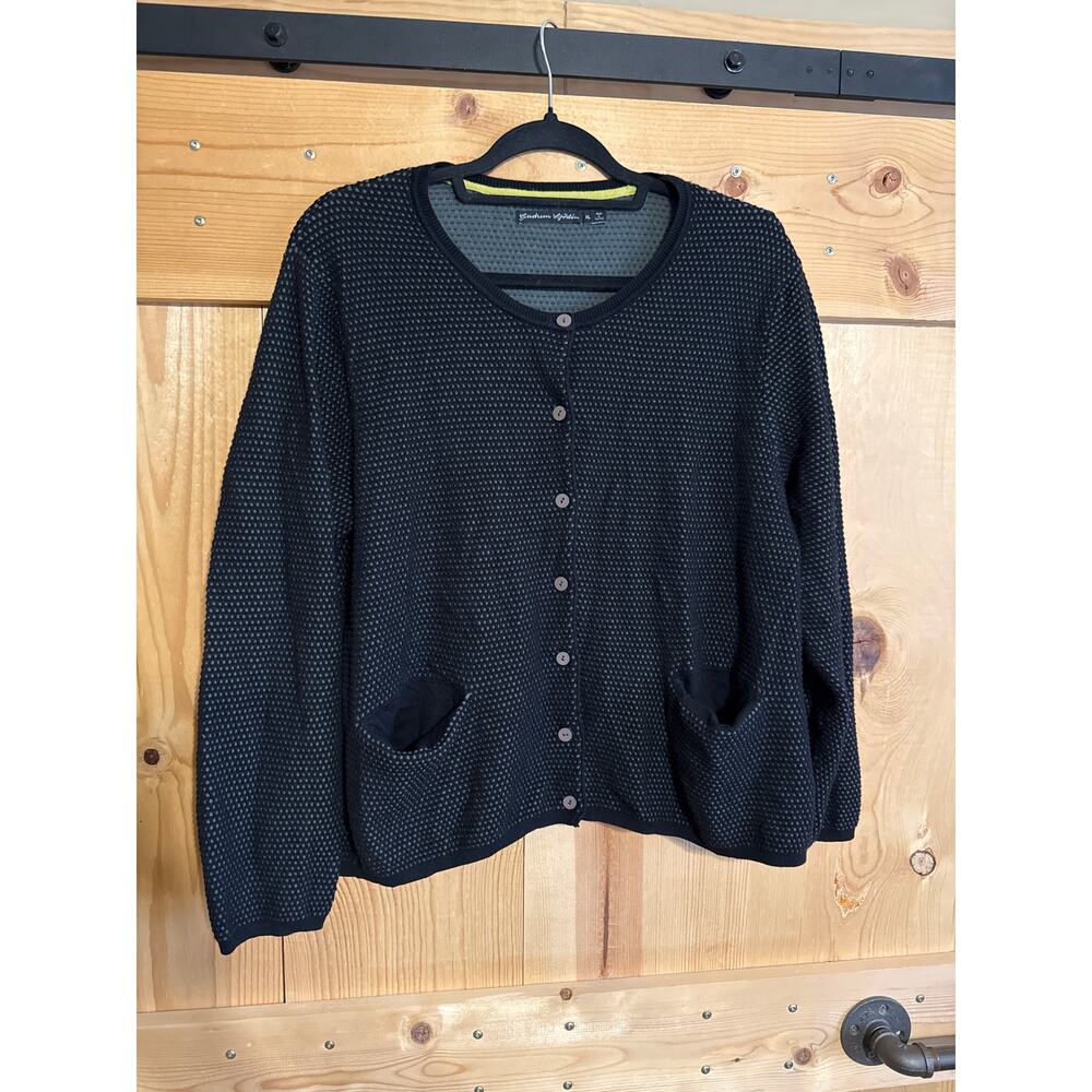 Gudrun Sjödén Women’s XL Cardigan Sweater 100% Cotton Grey Black Green Textured